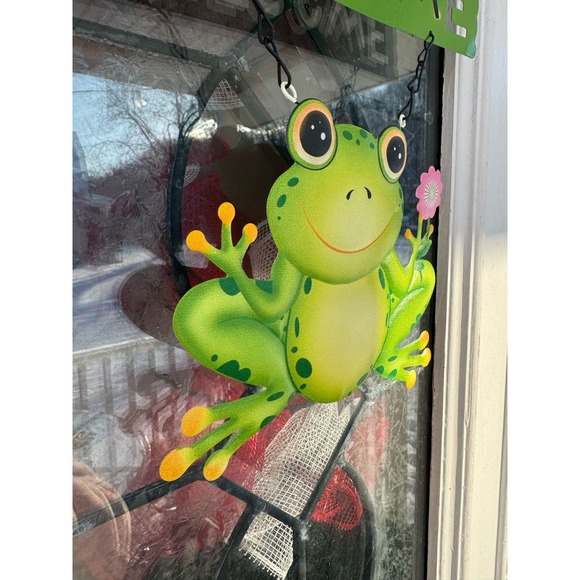 Metal Welcome Frog Figurine Sign Soring Summer Wall Art Door Hanger Decor - Picture 3 of 5